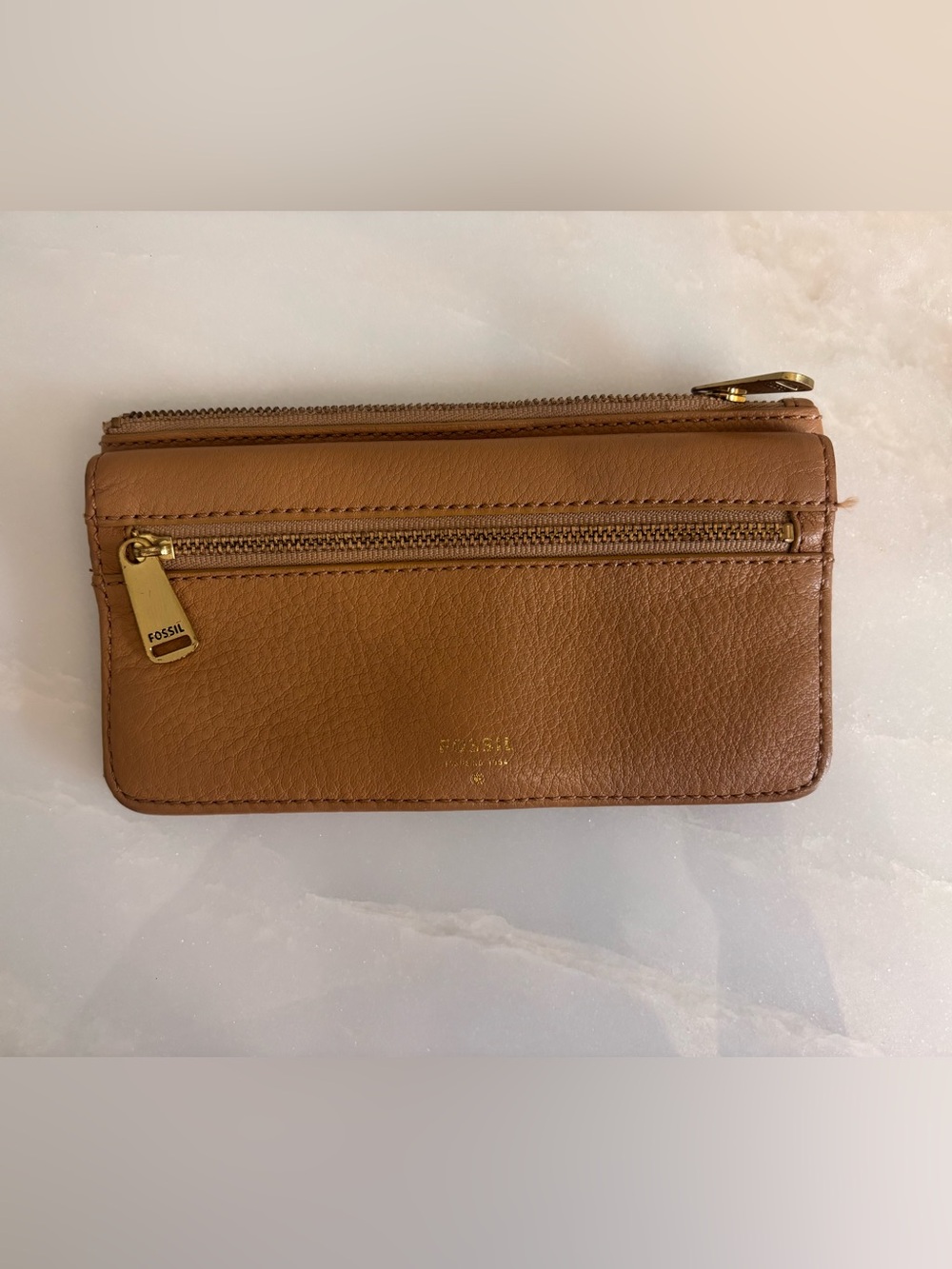 Fossil Tan Leather Zip Card Wallet with Gold Hardware